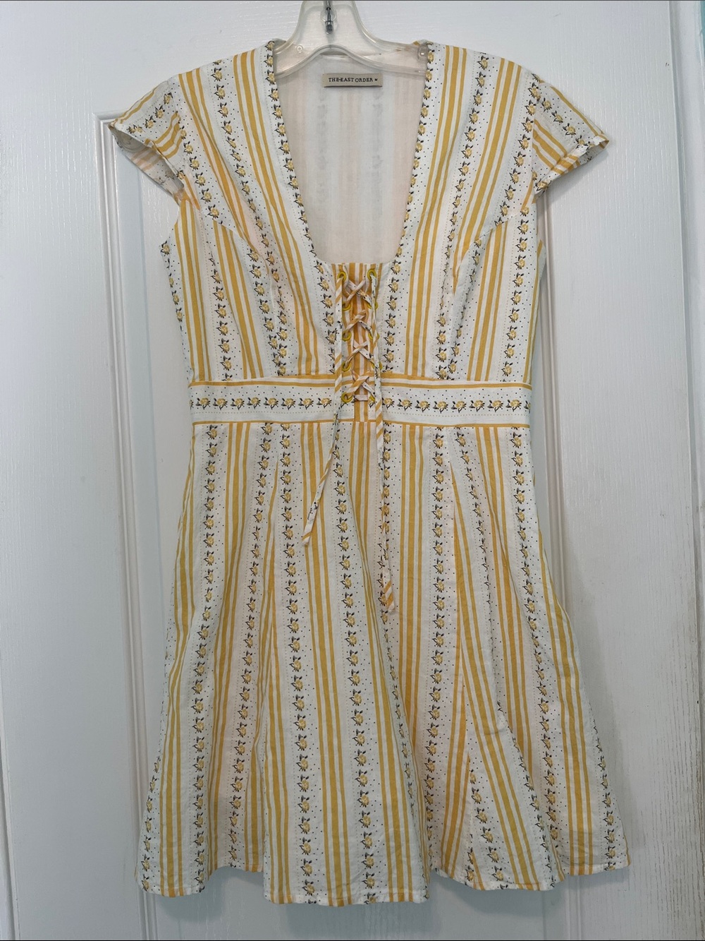 The East Order Yellow Striped Floral Lace-Up Mini Dress